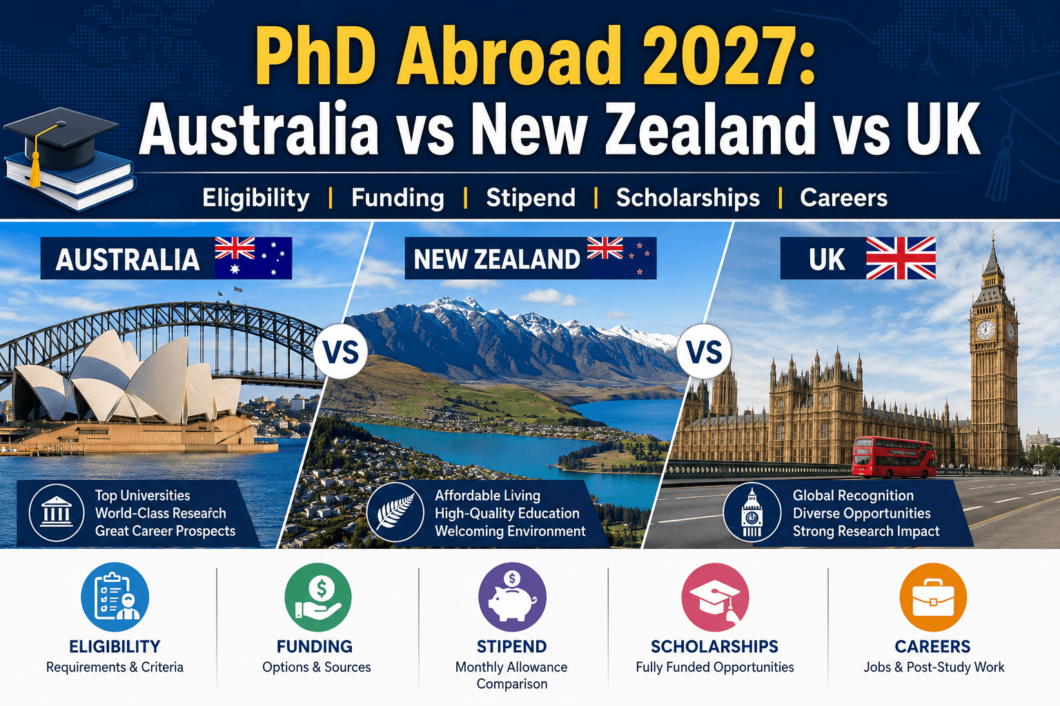 PhD in Australia vs New Zealand vs UK in 2027: Ultimate Guide to Eligibility, Funding, Stipend & Career Opportunities